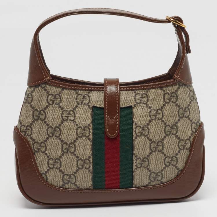Pre Owned Gucci Jackie 1961 Mini Beige/Brown GG Supreme Canvas and Leather Shoulder Bag