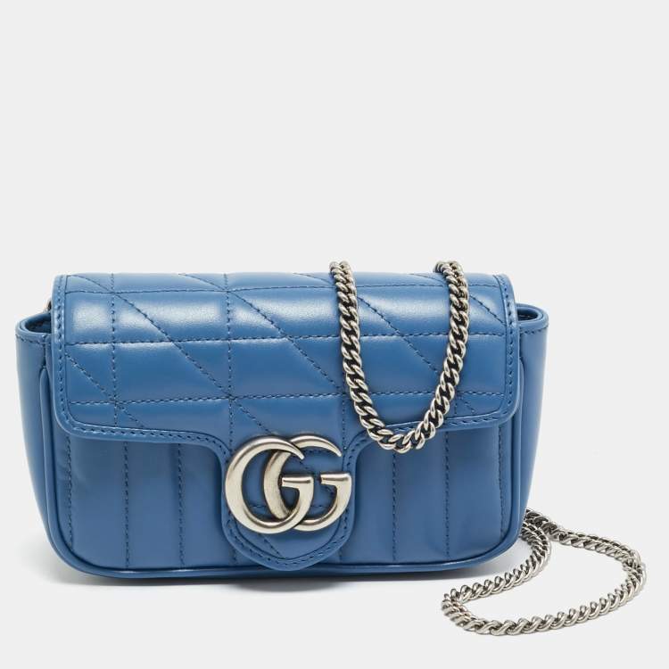 Pre Owned Gucci GG Marmont Super Mini Blue Matelassé Aria Leather Shoulder Bag