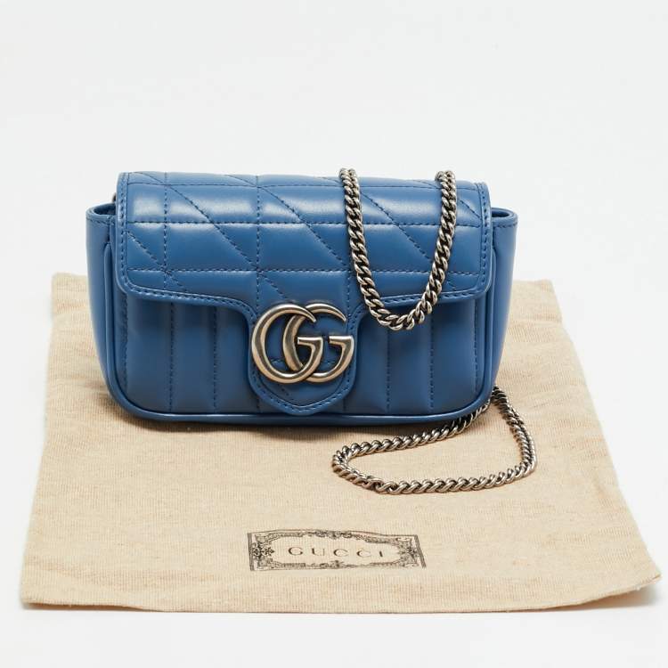 Pre Owned Gucci GG Marmont Super Mini Blue Matelassé Aria Leather Shoulder Bag