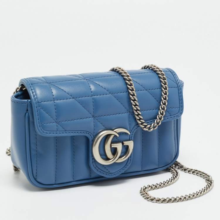 Pre Owned Gucci GG Marmont Super Mini Blue Matelassé Aria Leather Shoulder Bag
