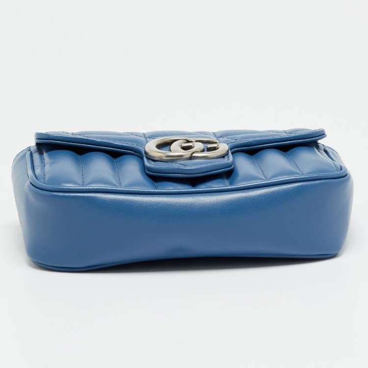 Pre Owned Gucci GG Marmont Super Mini Blue Matelassé Aria Leather Shoulder Bag