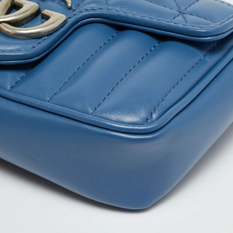 Pre Owned Gucci GG Marmont Super Mini Blue Matelassé Aria Leather Shoulder Bag