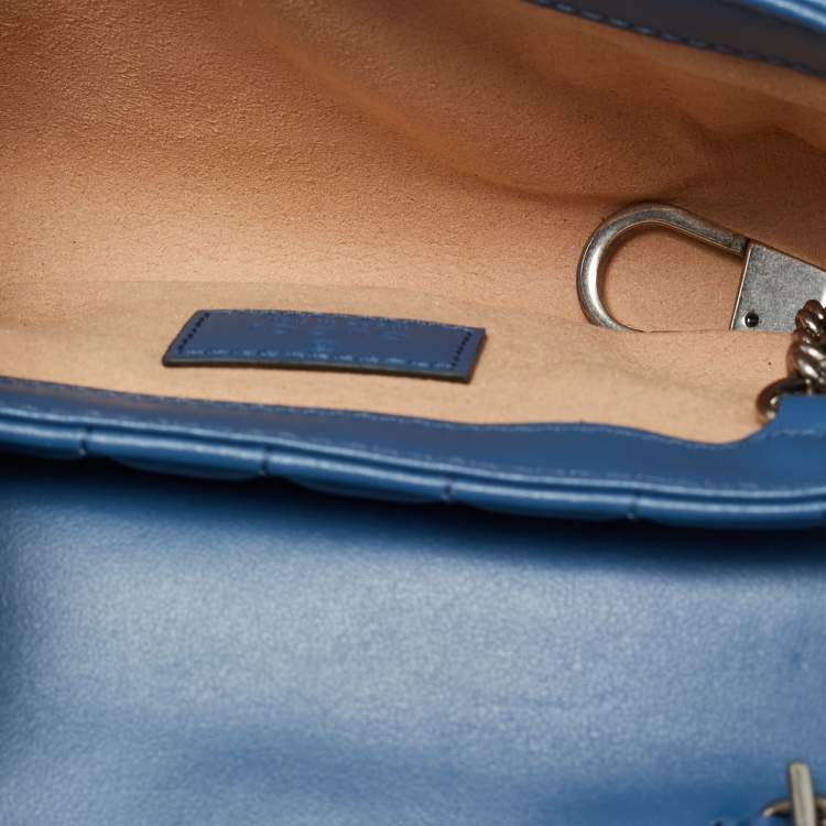 Pre Owned Gucci GG Marmont Super Mini Blue Matelassé Aria Leather Shoulder Bag