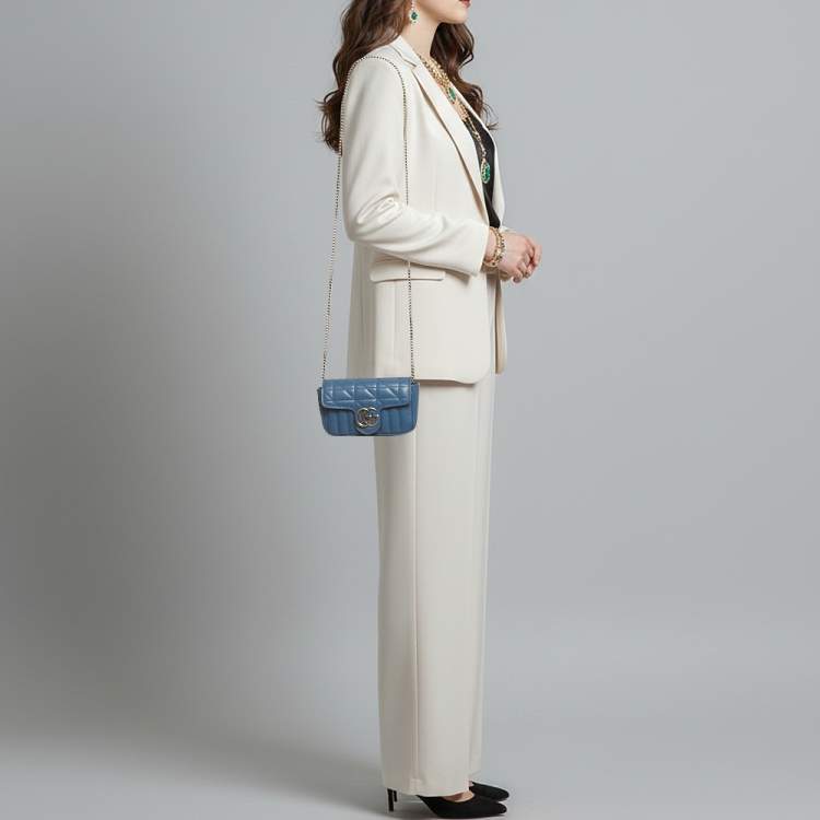 Pre Owned Gucci GG Marmont Super Mini Blue Matelassé Aria Leather Shoulder Bag