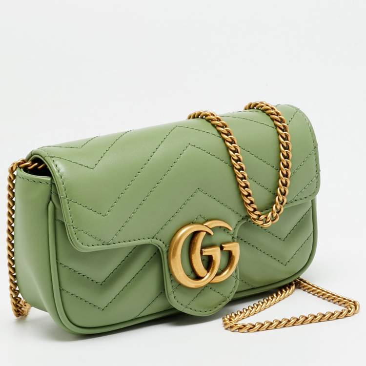 Pre Owned Gucci GG Marmont Super Mini Green Matelassé Leather Shoulder Bag
