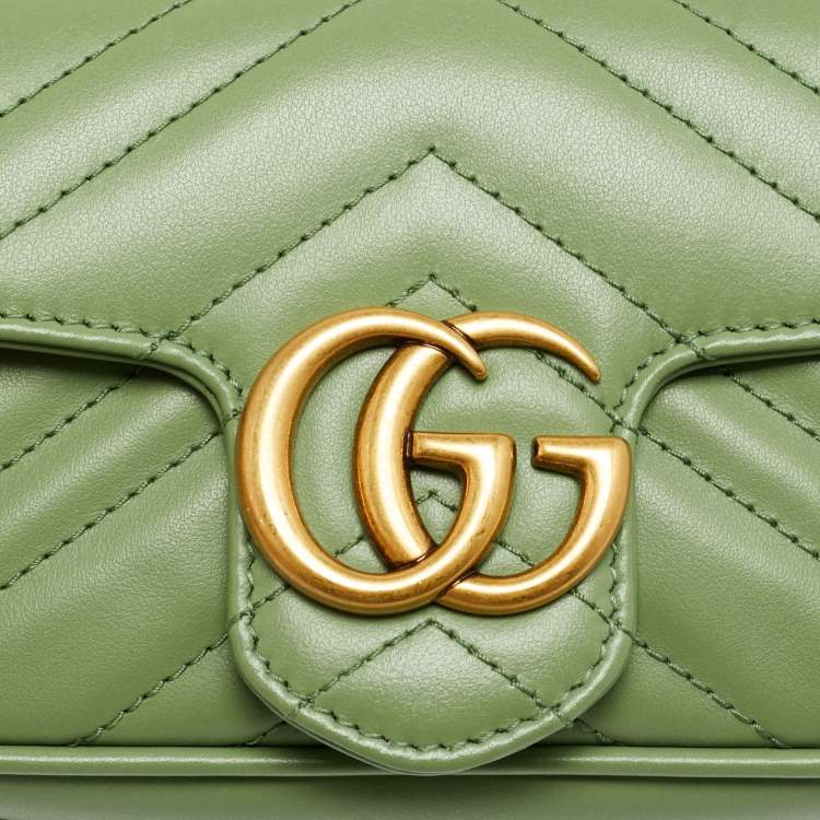 Pre Owned Gucci GG Marmont Super Mini Green Matelassé Leather Shoulder Bag
