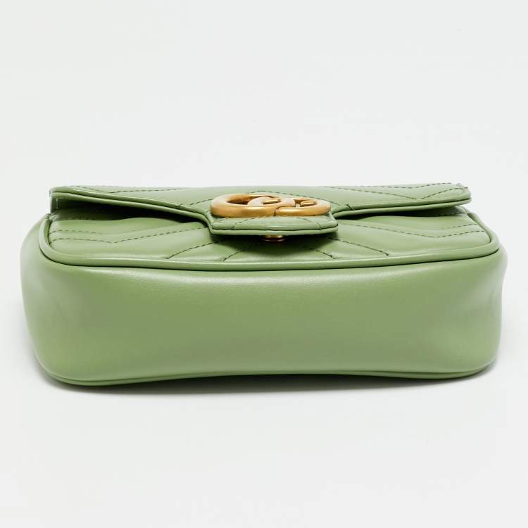 Pre Owned Gucci GG Marmont Super Mini Green Matelassé Leather Shoulder Bag