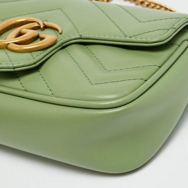 Pre Owned Gucci GG Marmont Super Mini Green Matelassé Leather Shoulder Bag