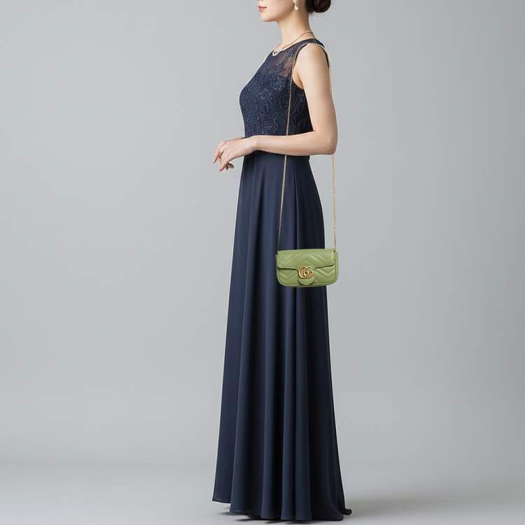 Pre Owned Gucci GG Marmont Super Mini Green Matelassé Leather Shoulder Bag