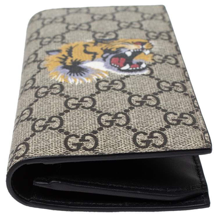 Pre Owned Gucci Beige GG Supreme Canvas Tiger Print Long Bifold Wallet