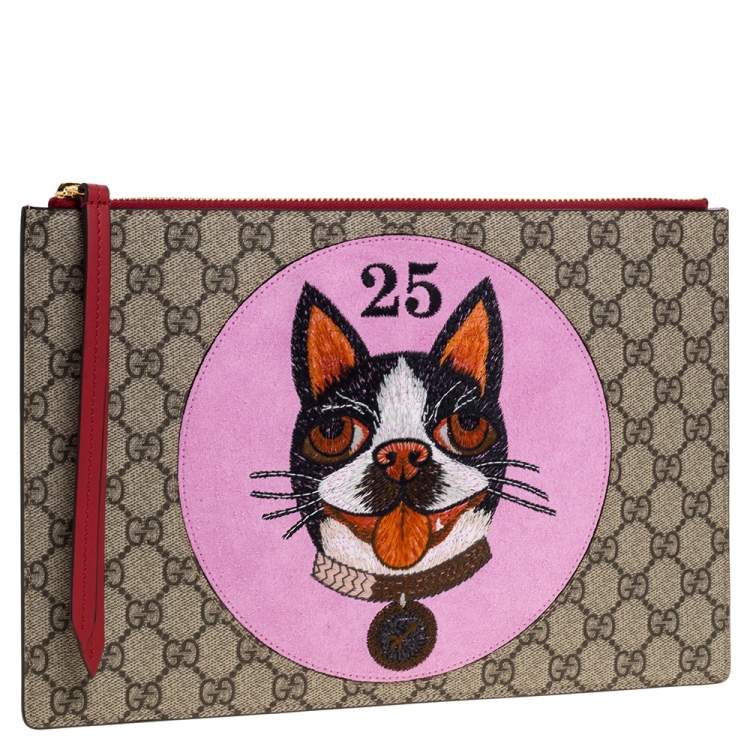 Pre Owned Gucci Beige/Red GG Supreme Canvas Bosco Patch Pouch
