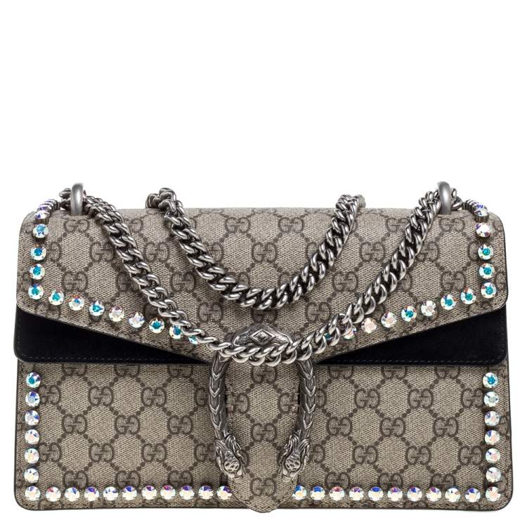 Gucci Beige/Black GG Supreme Canvas and Suede Small Dionysus Crystal ...