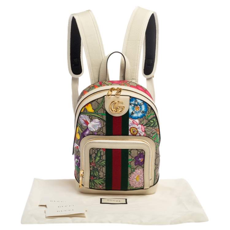 Pre Owned Gucci White GG Supreme Canvas and Leather Small Ophidia Flora Backpack