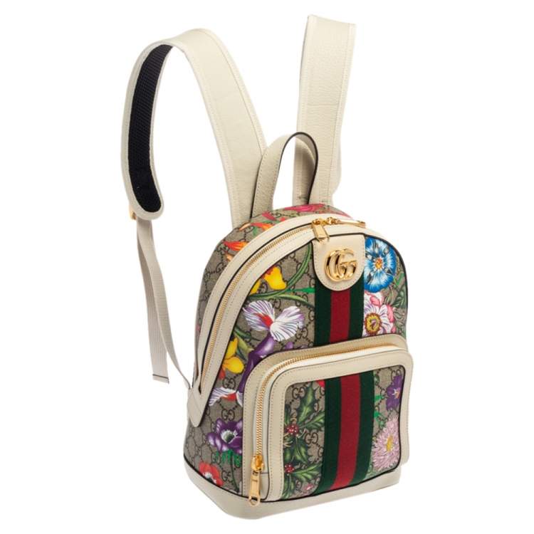 Pre Owned Gucci White GG Supreme Canvas and Leather Small Ophidia Flora Backpack