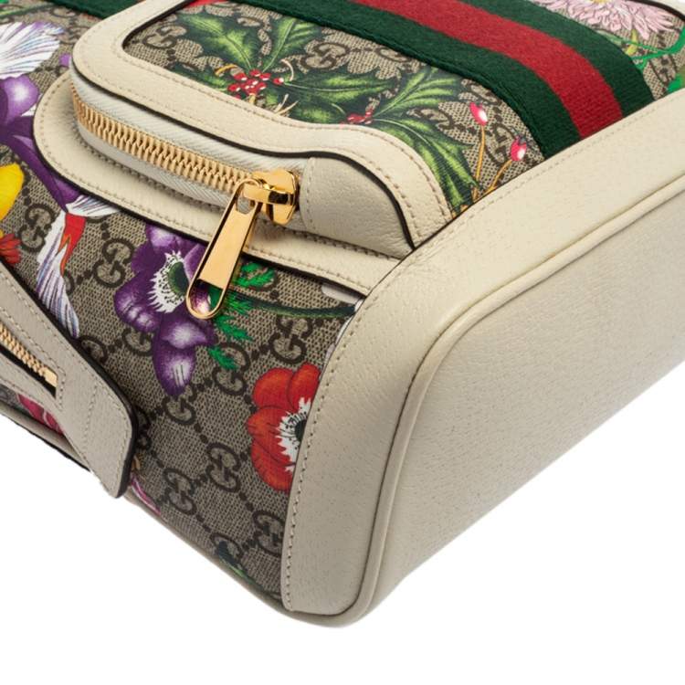 Pre Owned Gucci White GG Supreme Canvas and Leather Small Ophidia Flora Backpack