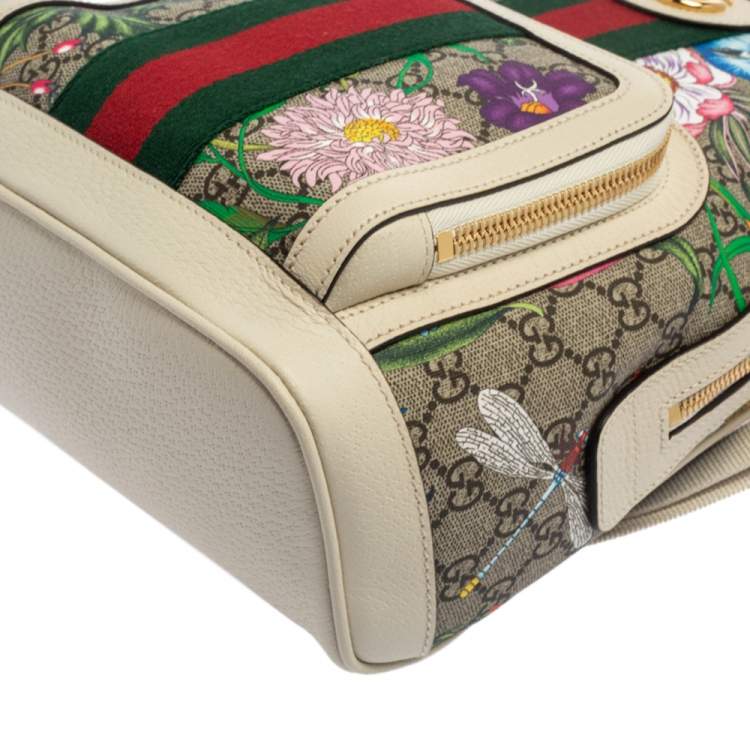 Pre Owned Gucci White GG Supreme Canvas and Leather Small Ophidia Flora Backpack