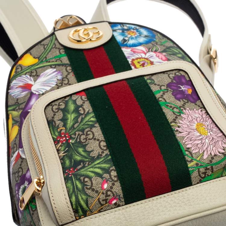 Pre Owned Gucci White GG Supreme Canvas and Leather Small Ophidia Flora Backpack