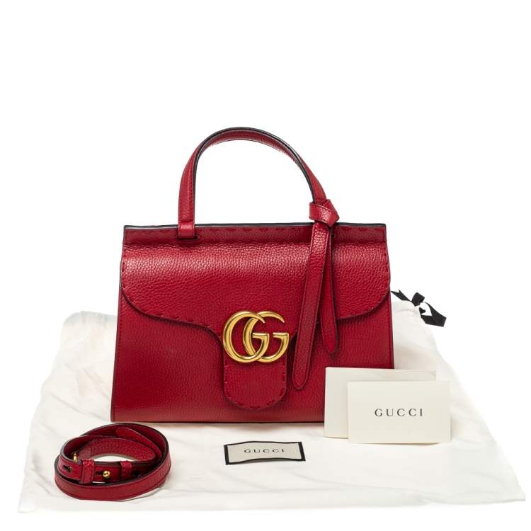 Pre Owned Gucci Red Leather Mini GG Marmont Top Handle Bag