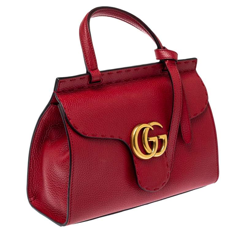 Pre Owned Gucci Red Leather Mini GG Marmont Top Handle Bag