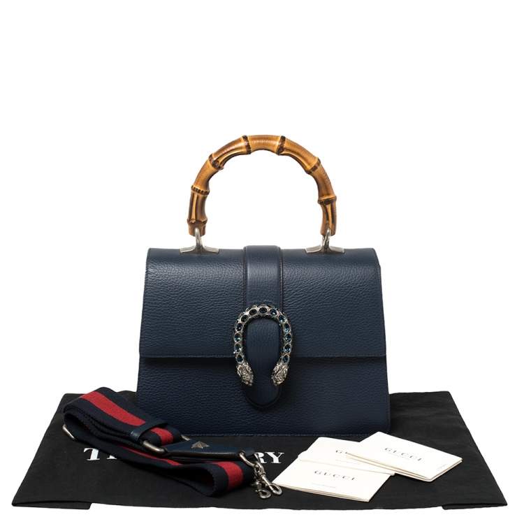 Pre Owned Gucci Navy Blue Leather Medium Dionysus Bamboo Top Handle Bag