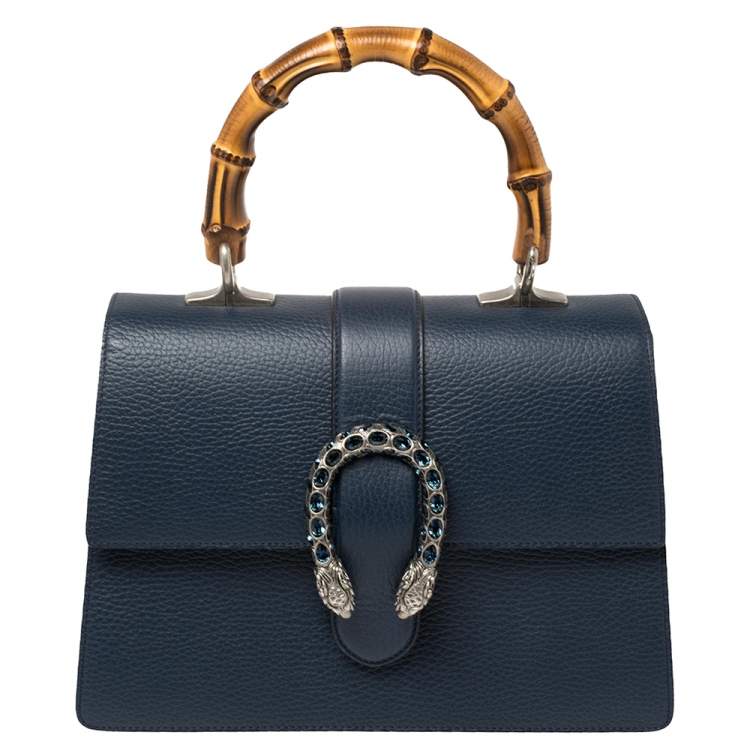 Pre Owned Gucci Navy Blue Leather Medium Dionysus Bamboo Top Handle Bag