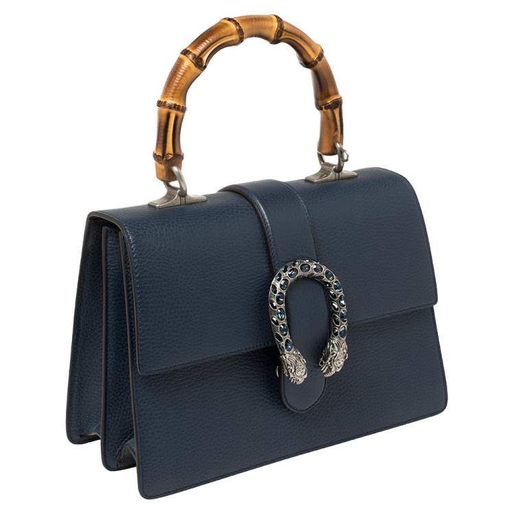 Pre Owned Gucci Navy Blue Leather Medium Dionysus Bamboo Top Handle Bag