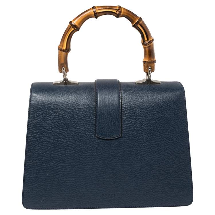 Pre Owned Gucci Navy Blue Leather Medium Dionysus Bamboo Top Handle Bag