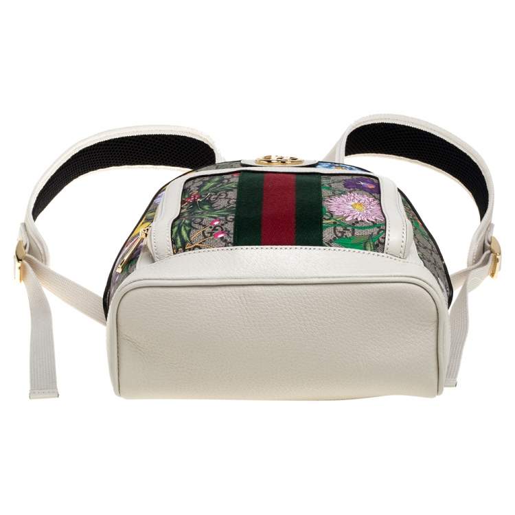 Pre Owned Gucci White GG Supreme Canvas and Leather Small Ophidia Flora Backpack