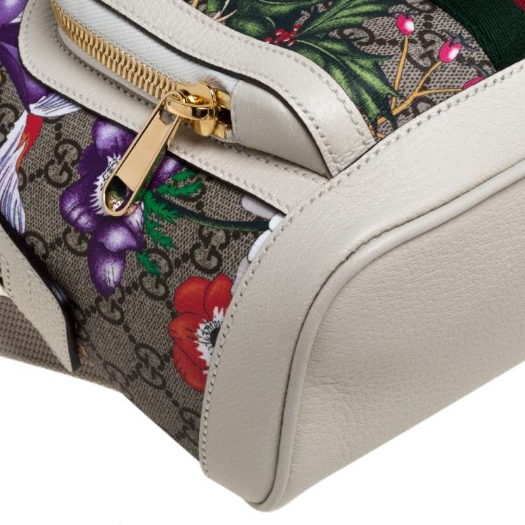 Pre Owned Gucci White GG Supreme Canvas and Leather Small Ophidia Flora Backpack