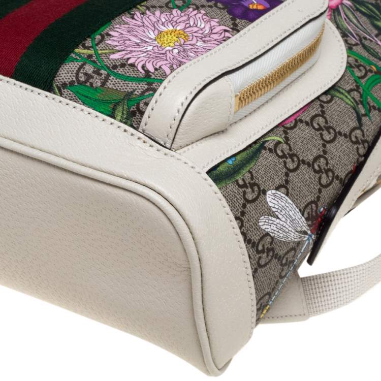Pre Owned Gucci White GG Supreme Canvas and Leather Small Ophidia Flora Backpack