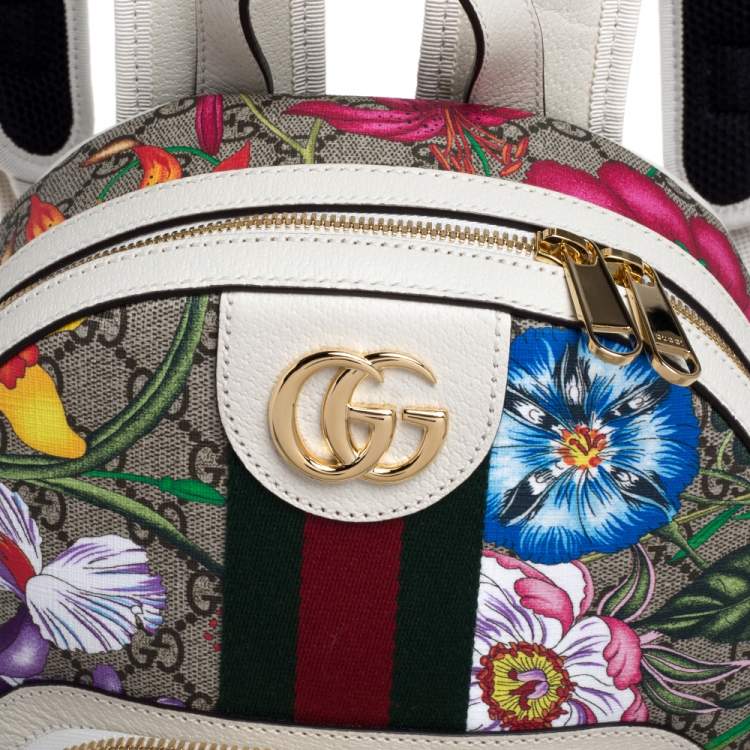Pre Owned Gucci White GG Supreme Canvas and Leather Small Ophidia Flora Backpack