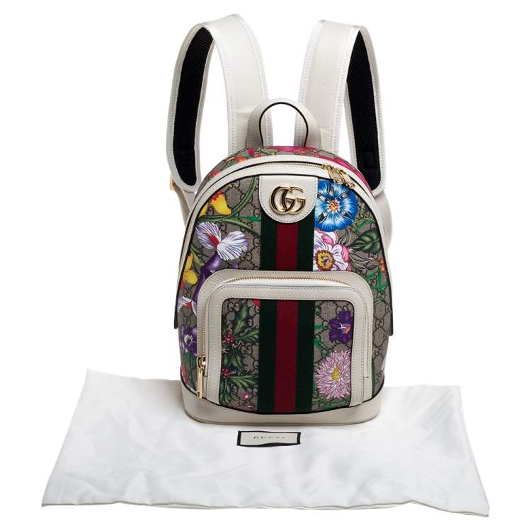 Pre Owned Gucci White GG Supreme Canvas and Leather Small Ophidia Flora Backpack