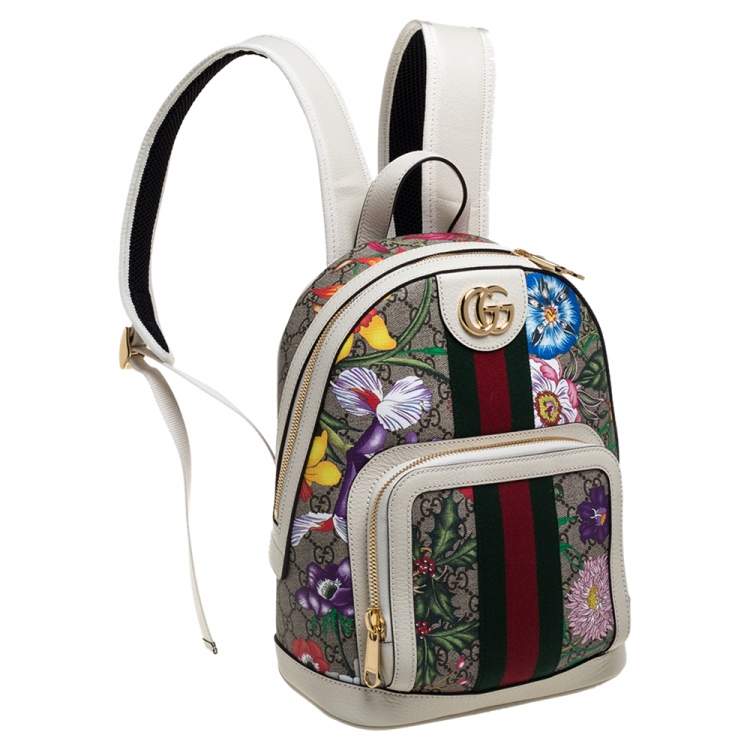 Pre Owned Gucci White GG Supreme Canvas and Leather Small Ophidia Flora Backpack
