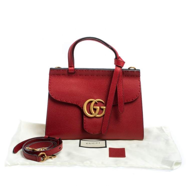 Pre Owned Gucci Red Leather GG Marmont Top Handle Bag