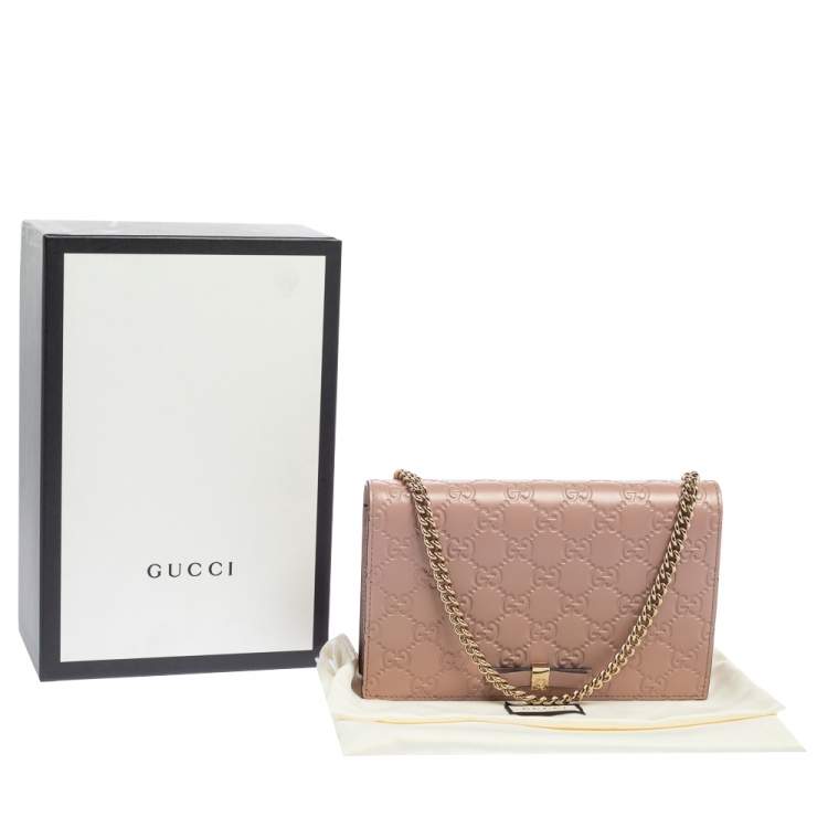 Pre Owned Gucci Pink Guccissima Leather Bow Flap Wallet on Chain