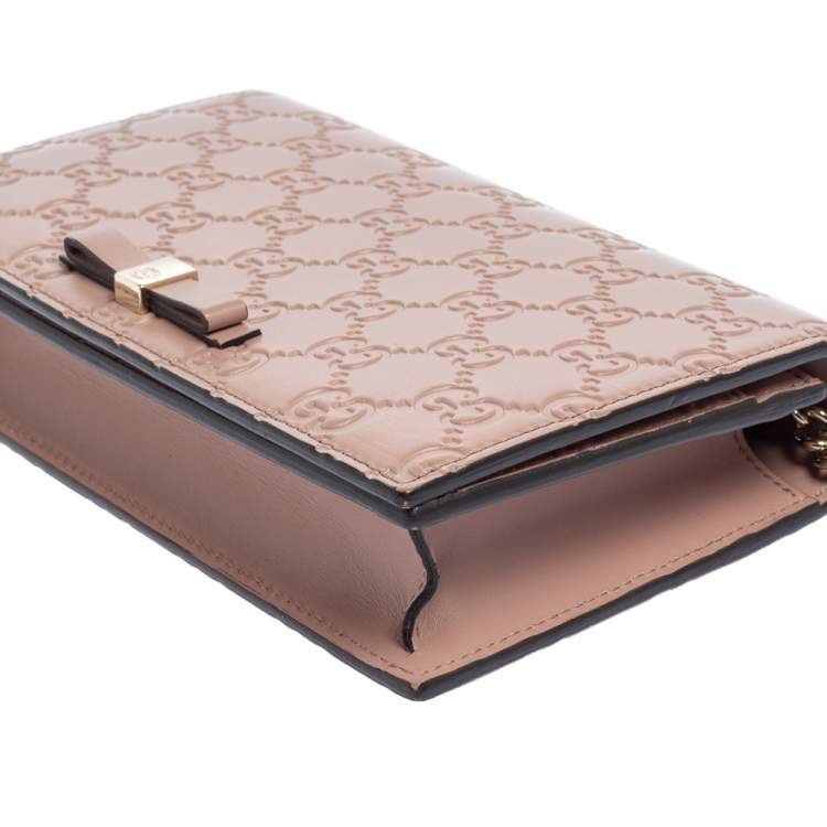 Pre Owned Gucci Pink Guccissima Leather Bow Flap Wallet on Chain