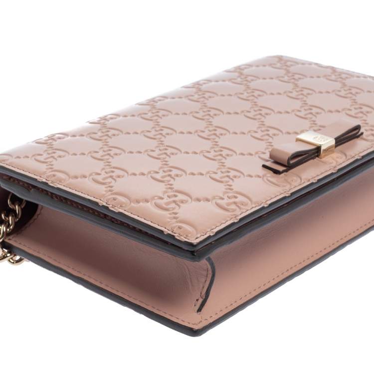 Pre Owned Gucci Pink Guccissima Leather Bow Flap Wallet on Chain