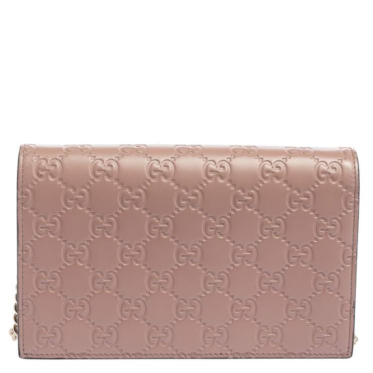 Pre Owned Gucci Pink Guccissima Leather Bow Flap Wallet on Chain