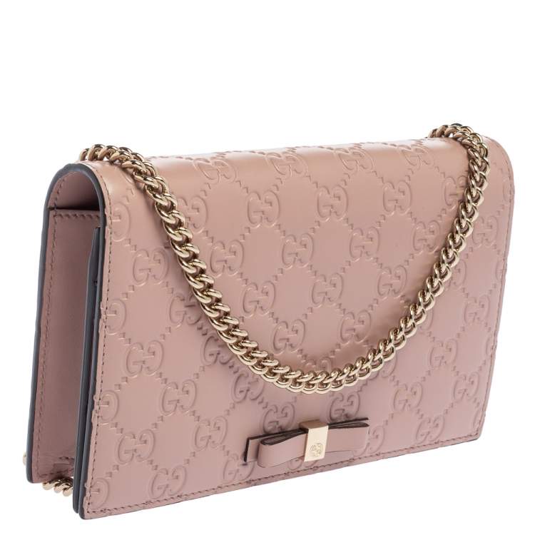 Pre Owned Gucci Pink Guccissima Leather Bow Flap Wallet on Chain