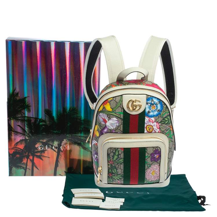Pre Owned Gucci White GG Supreme Canvas and Leather Small Ophidia Flora Backpack