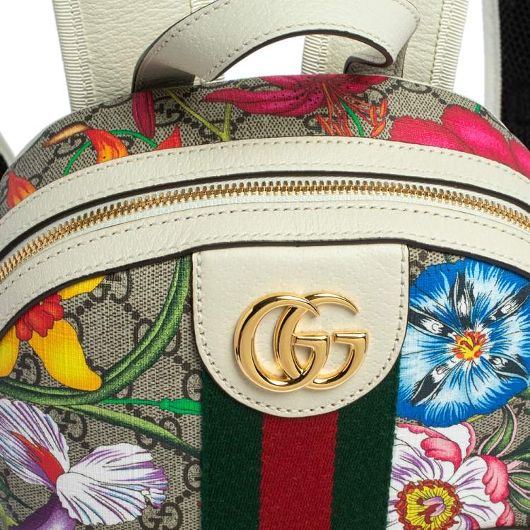Pre Owned Gucci White GG Supreme Canvas and Leather Small Ophidia Flora Backpack