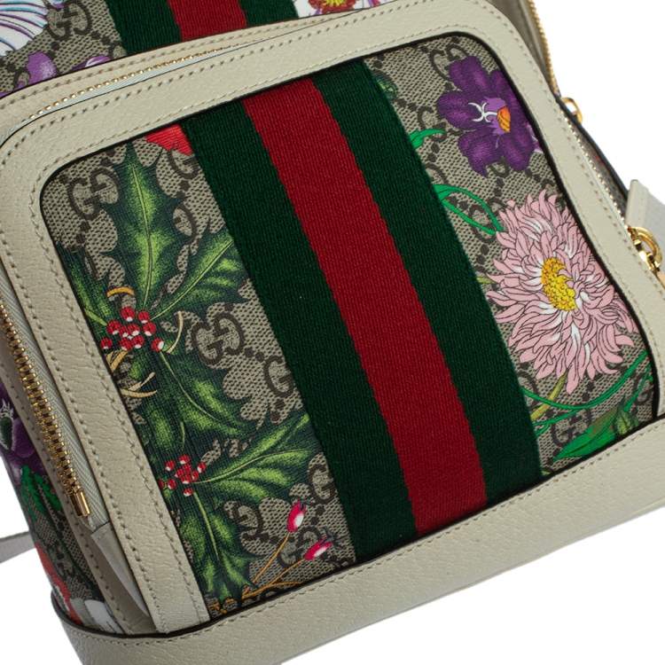Pre Owned Gucci White GG Supreme Canvas and Leather Small Ophidia Flora Backpack