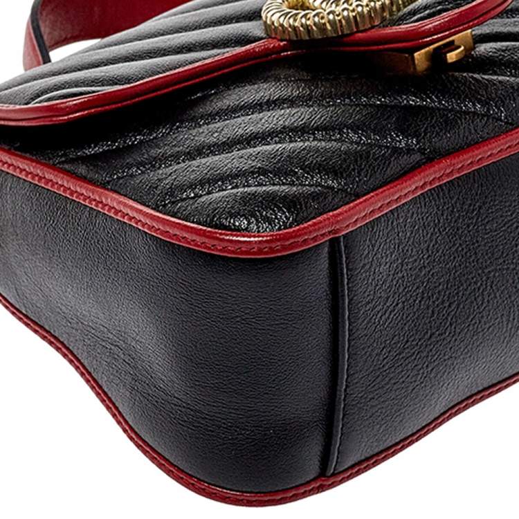 Pre Owned Gucci Black/Red Matelasse Leather Mini GG Marmont Torchon Top Handle Bag