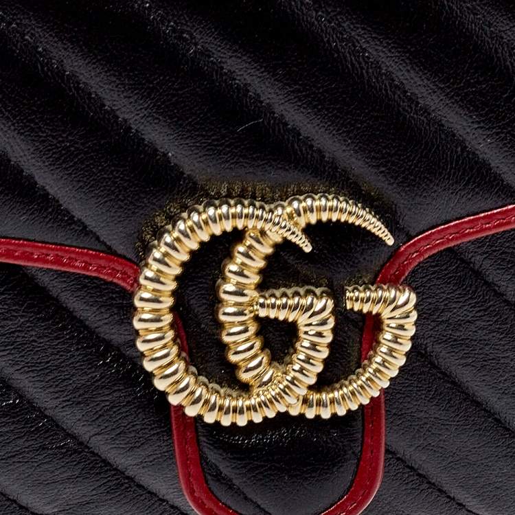 Pre Owned Gucci Black/Red Matelasse Leather Mini GG Marmont Torchon Top Handle Bag