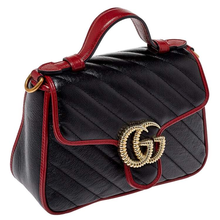 Pre Owned Gucci Black/Red Matelasse Leather Mini GG Marmont Torchon Top Handle Bag