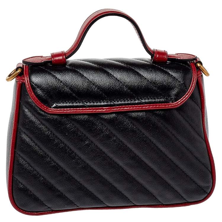 Pre Owned Gucci Black/Red Matelasse Leather Mini GG Marmont Torchon Top Handle Bag