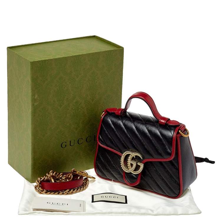 Pre Owned Gucci Black/Red Matelasse Leather Mini GG Marmont Torchon Top Handle Bag
