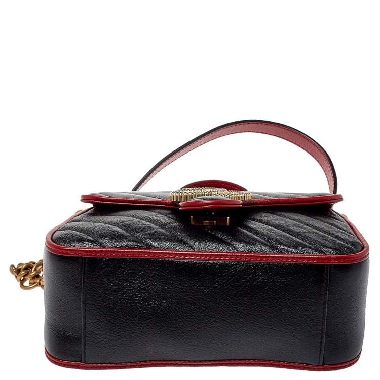 Pre Owned Gucci Black/Red Matelasse Leather Mini GG Marmont Torchon Top Handle Bag