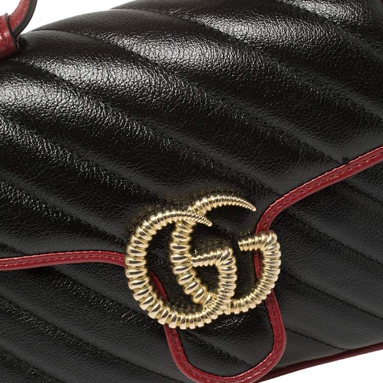 Pre Owned Gucci Black Diagonal Quilt Leather Mini GG Marmont Torchon Top Handle Bag