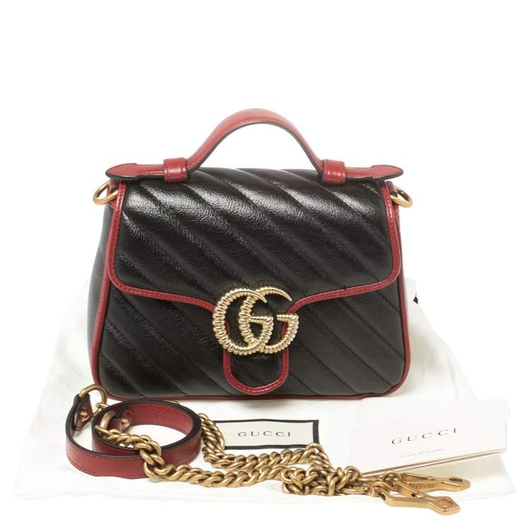 Pre Owned Gucci Black Diagonal Quilt Leather Mini GG Marmont Torchon Top Handle Bag